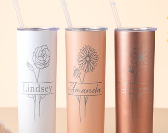 Birth Flower Tumbler with Name Personalized, Bridesmaid Gifts, Bridal Party Gifts, Gift for Her, Gift for Mom, Friend Gifts, Girlfriend Gift