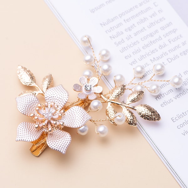 Pince à cheveux de mariage faite à la main pour la mariée, pince à cheveux florale avec perles, casque de mariage de mariée, accessoires de cheveux de mariée, bijoux de cheveux de mariée