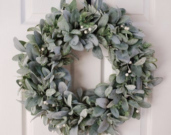 Winter Lamb's Ear Wreath with White Berries, Winter Front Door Wreath, Winter Farmhouse Wreath, Timeless Classic Winter Wreath, Winter Décor