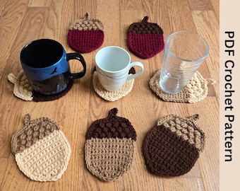 どんぐり編みコースターのパターン：秋のアップリケ（PDFデジタル