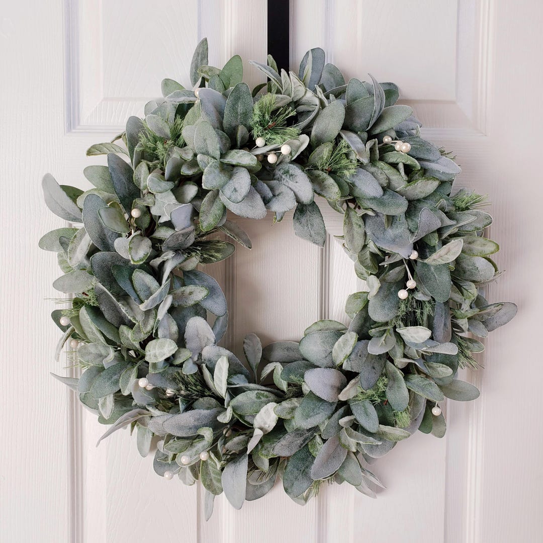 Lamb's Ear and Pine Christmas Wreath With White Berries: Farmhouse ...