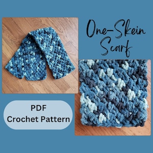 May include: A crochet scarf pattern in PDF format. The scarf is made with a single skein of yarn and features a textured stitch pattern in shades of blue and green. The image shows the finished scarf and a close-up of the stitch pattern.