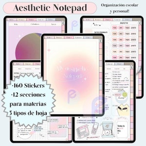 Puede incluir: Un planificador digital con un fondo degradado rosa y morado. El planificador tiene un título que dice "My aesthetic Notepad." El planificador tiene secciones para proyectos, datos personales y planificación diaria. El planificador también incluye pegatinas y diferentes tipos de páginas.