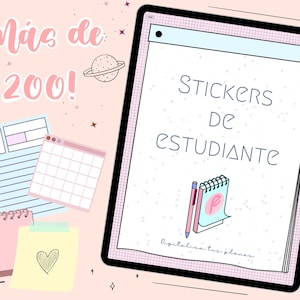 Puede incluir: Un planificador digital con más de 200 pegatinas para estudiantes. El planificador tiene un fondo de cuadrícula rosa y blanco con el texto "Stickers de Estudiante" y "Digitaliza tus planes".