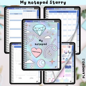 Puede incluir: Un planificador colorido con una cubierta holográfica que presenta un diamante, nubes, estrellas y el texto "My notepad Vaporwave". El planificador tiene secciones para "Indice", "Stickers", "Planner" y "Examenes".