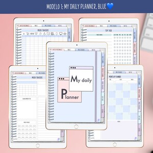 Puede incluir: Cuatro páginas de planificador digital con un esquema de color azul y rosa. Las páginas incluyen secciones para rastreadores de estado de ánimo, planificación diaria, planificación mensual y tareas principales. El texto "My daily planner" aparece en una de las páginas.