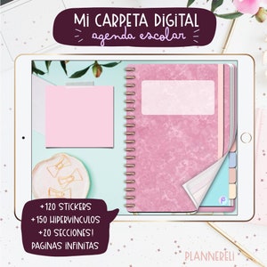 Puede incluir: Una aplicación de agenda digital en la pantalla de una tableta con una cubierta de mármol rosa. La aplicación incluye una libreta digital con encuadernación en espiral, una nota adhesiva y una sección con pestañas. El texto en la pantalla dice "MI CARPETA DIGITAL = agenda escolar" y "+120 STICKERS +150 HIPERVINCULOS +20 SECCIONES! PAGINAS INFINITAS".