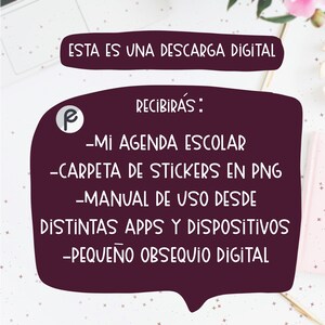 Może przedstawiać: Cyfrowy plik do pobrania zawierający agendę szkolną, zestaw naklejek i instrukcję obsługi. Tekst brzmi "ESTA ES UNA DESCARGA DIGITAL" i "RECIBIRAS: -MI AGENDA ESCOLAR -CARPETA DE STICKERS EN PNG -MANUAL DE USO DESDE DISTINTAS APPS Y DISPOSITIVOS -PEQUE&Ntilde;O OBSEQUIO DIGITAL".