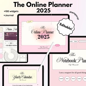 Puede incluir: Un planificador digital rosa y blanco con el texto "The Online Planner 2025" y "Editable!" en texto negro. El planificador tiene una variedad de funciones, que incluyen un calendario anual, un cuaderno y un rastreador de pilates.