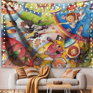 Tapiz de dibujos animados espaciales para niños, divertido tapiz de pared para sala de juegos, decoración de astronauta para niños, sistema solar, planeta, fondo para sala de juegos, regalo de guardería