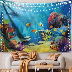Tapiz de vida marina para niños, decoración de pared para amantes del océano, tapiz decorativo submarino para sala de juegos de niños, arte estético azul para guardería, regalo Y2K