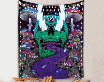 May include: A psychedelic tapestry featuring a green skull with a third eye and lightning bolts, surrounded by purple and blue mushrooms on a dark background.
