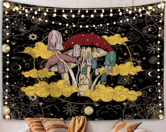 May include: A tapestry featuring a psychedelic design of mushrooms growing from clouds against a black background with gold stars and celestial symbols.