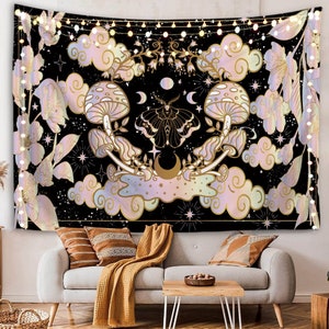 Mushroom Moth Tapestry, Tapestry Aesthetic, Hippy Decor, Moon Stars Wall Art Decoration, Pastel Moth Tapestry, Tapestry Wall Hanging Vintage