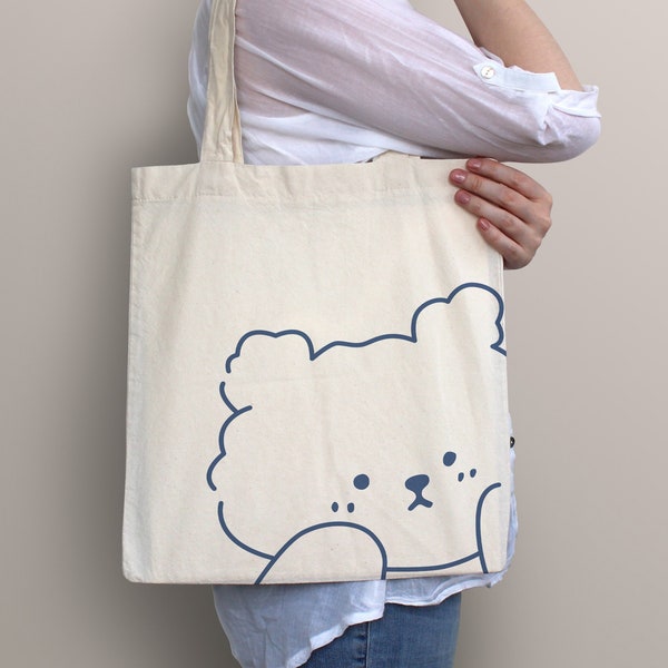 Cute Bear Tote Bag, Cute Tote Bag, Eco Friendly Grocery Bag, Canvas Shoulder Bag, Tote Bag Aesthetic, Kawaii Tote Bag, Reusable Grocery Bag