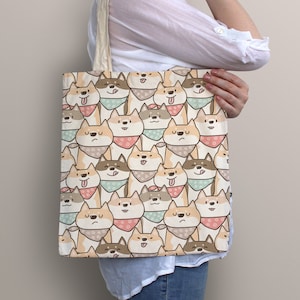 Cute Dog Bag, Cute Doggie Mom Tote Bag, Cotton Canvas Tote Bag, Kawaii Shibi inu Pet Tote, Dog Lovers Shoulder Bags for Gage Gift