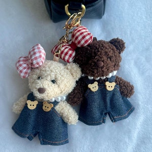 Cute Teddy Bear Plush Bag Charm, Denim Overalls and Bow, Plushie Keychain, Toy Handbag Accessory, Kawaii Keychain for Purse, Plushie Bag