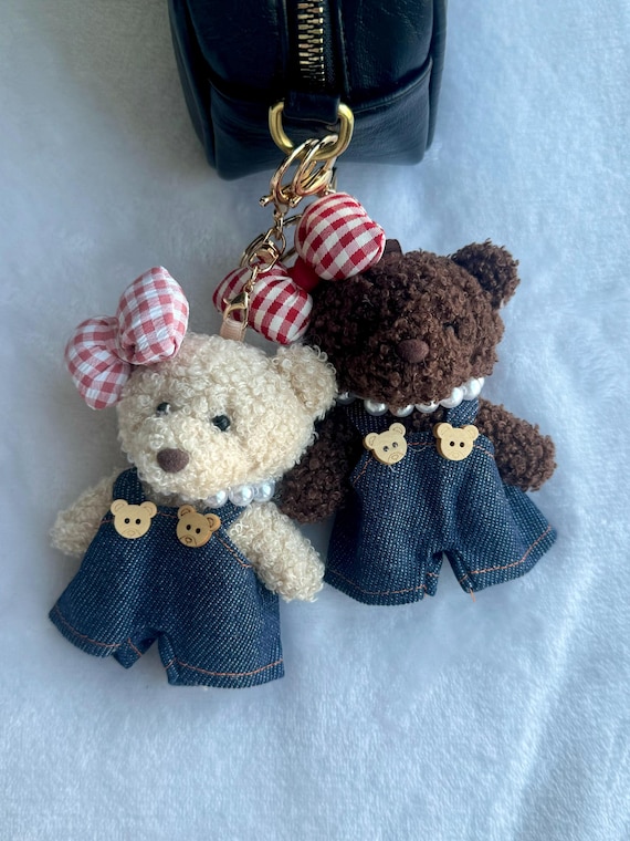 Cute Teddy Bear Plush Bag Charm, Denim Overalls and Bow, Plushie