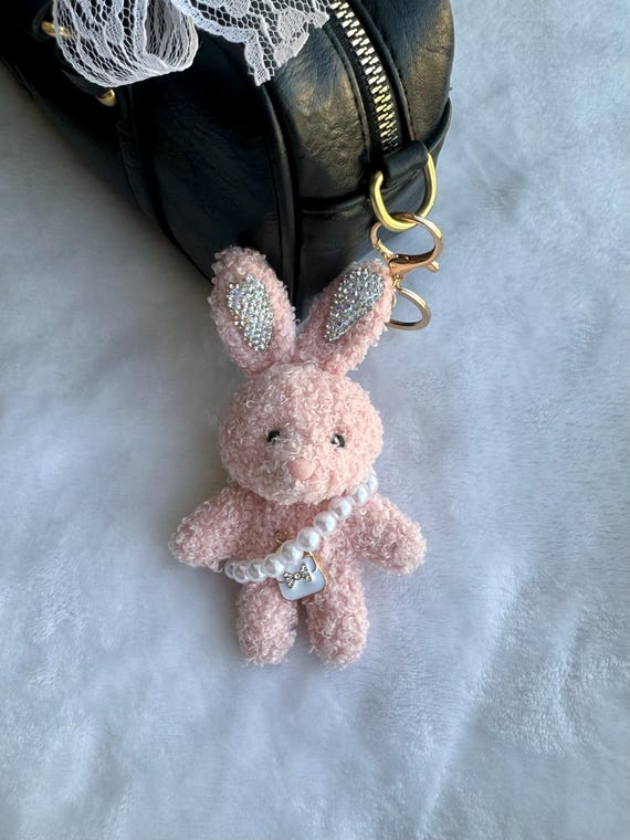 Cute Bunny Plush Bag Charm, Bedazzled Bunnies With Pearl Necklace