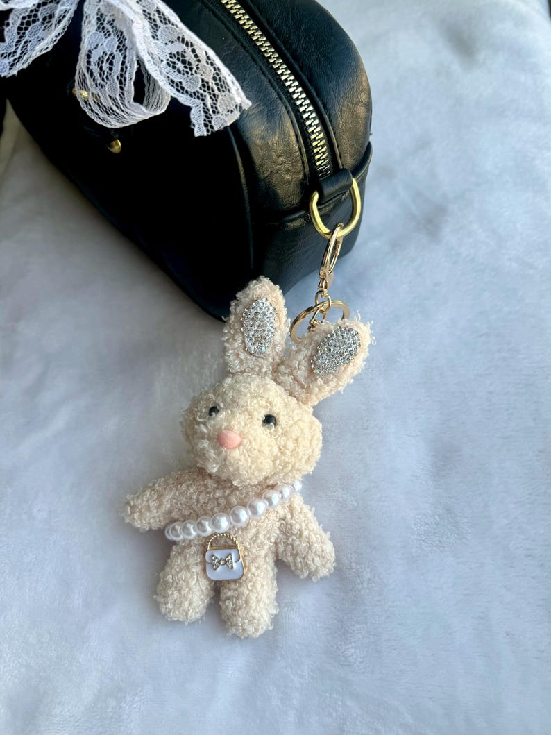 Cute Bunny Plush Bag Charm, Bedazzled Bunnies With Pearl Necklace and ...