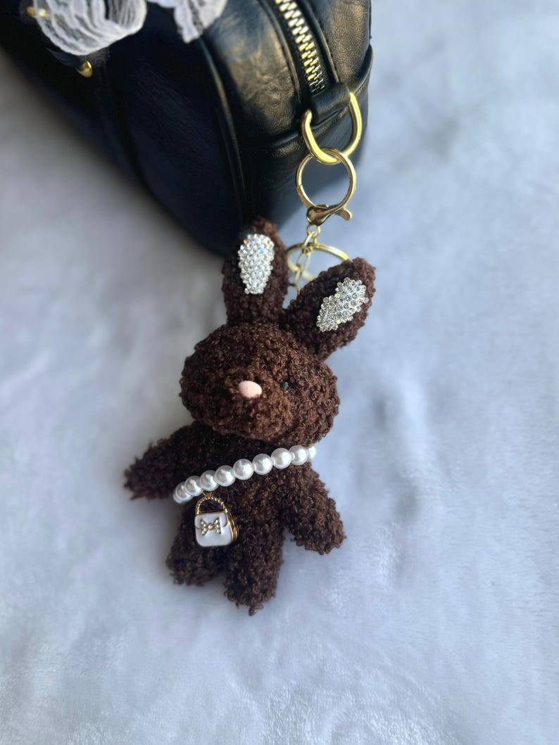 Cute Bunny Plush Bag Charm, Bedazzled Bunnies With Pearl Necklace and ...
