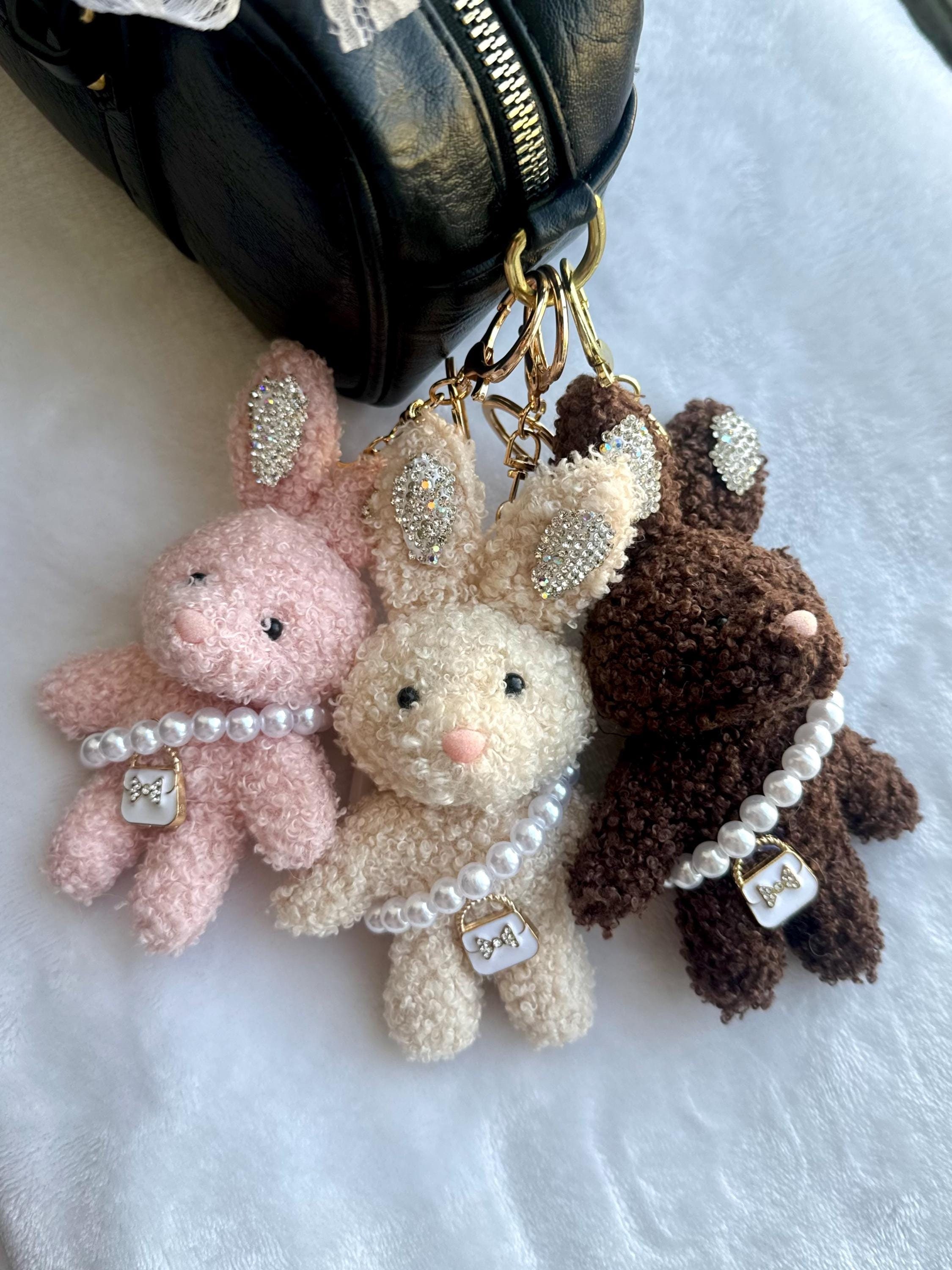 Cute Bunny Plush Bag Charm, Bedazzled Bunnies With Pearl Necklace
