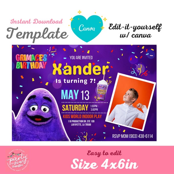 Grimace Shake Template Invitation, Grimace  Birthday Party Celebration Digital Download, Canva Template Editable