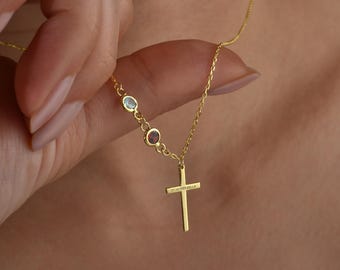 Engraved Cross Necklace with Birthstones  925 Sterling Silver Custom Family Pendant