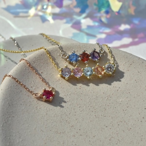 Family Birthstone Necklace, Gold Plated Gemstone Pendant, Brilliant Cut Colorful Crystal Jewelry, Birthday Gift for Her, Bridesmaid Gift