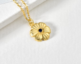September Birth Flower Necklace Aster with Sapphire Birthstone, Gold-Plated Tiny Flower Pendant, Birth Month Flower Jewelry Gift for Mother