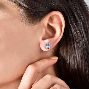 Aquamarine CZ Stud Earrings: Radiant Cut Sterling Silver, March Birthstone