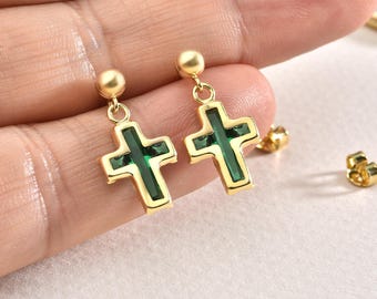 Gemstone Cross Dangle Earrings, Sterling Silver Christian Studs