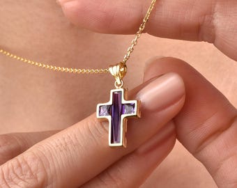 February Birthstone Cross Necklace, Amethyst Cross Pendant, Silver Faith Jewelry, Christian Religious Symbol, Confirmation Gift for Her