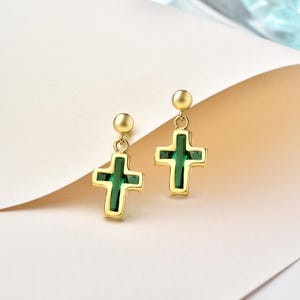 Elegant Gemstone Cross Earrings, Tiny Emerald Cross Dangle Earrings, Christian Faith Jewelry for Her, Mother&#39;s Day Gift, Birthday Gift Idea