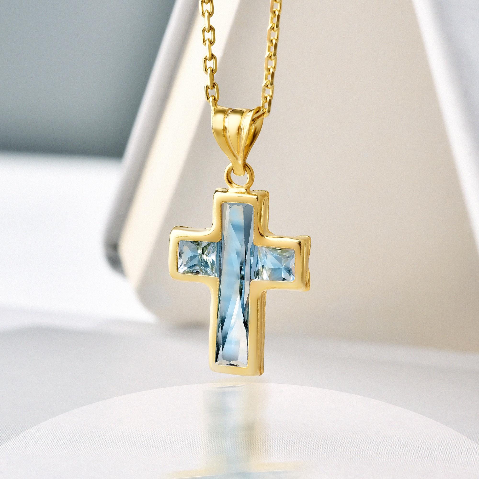 Aquamarine Cross Necklace, Handmade Gemstone Faith Pendant, Elegant Silver Religious Jewelry Gift, Dainty Protective Symbol Gift for Women