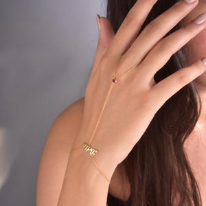 Personalized Name Hand Chain Bracelet, Birthstone Finger Ring Bracelet, Connected Bracelet Ring, Unique Bridesmaid Gift, Birthday Gift