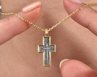 Orthodox Cross Necklace with Oxidized Details, Silver Religious Pendant for Men or Women, Christian Jewelry Gift for Baptism or Confirmation