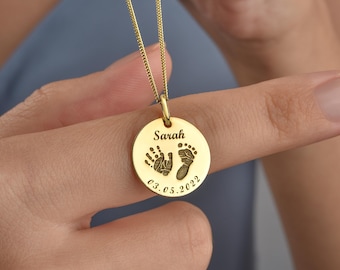 Personalized Baby Handprint and Footprint Necklace, Custom Engraved Keepsake with Actual Baby Prints