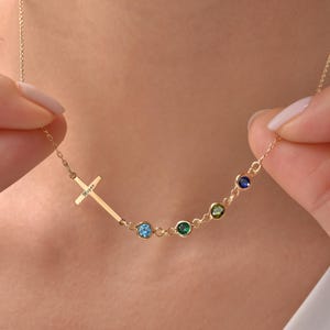 Personalized Name Sideways Cross Necklace with Birthstone, Family Birthstone Cross Pendant, Christian Faith Jewelry, Religious Gift for Mom