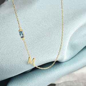 Birthstone Necklace with Sideways Initial, Baguette Gemstone Pendant, Personalized Letter Necklace, Birthday Gift, Bridesmaid Jewelry
