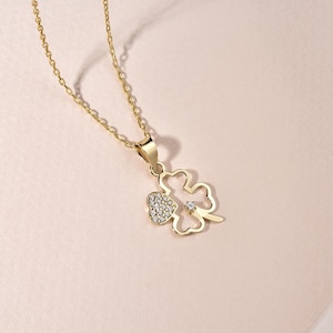 14K Gold Four-Leaf Clover Necklace: Cubic Zirconia Pendant
