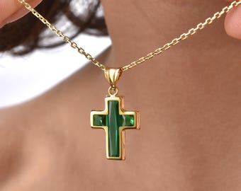 Emerald Cross Necklace, May Birthstone Cross Pendant, Silver Christian Faith Jewelry, Gemstone Religious Necklace, Meaningful Birthday Gift