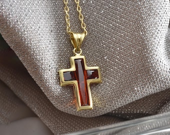 January Birthstone Cross Necklace 925 Sterling Silver Garnet Jewelry