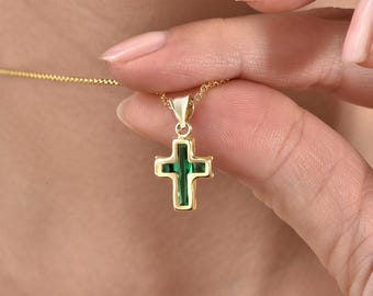 Natural Gemstone Cross Necklace, Tiny Colorful Crystal Crucifix Pendant, Gold Plated Christian Faith Jewelry, Religious Birthday Gift