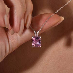 Radiant Cut Pink Cubic Zirconia Necklace, Gold Plated Sterling Silver Pendant