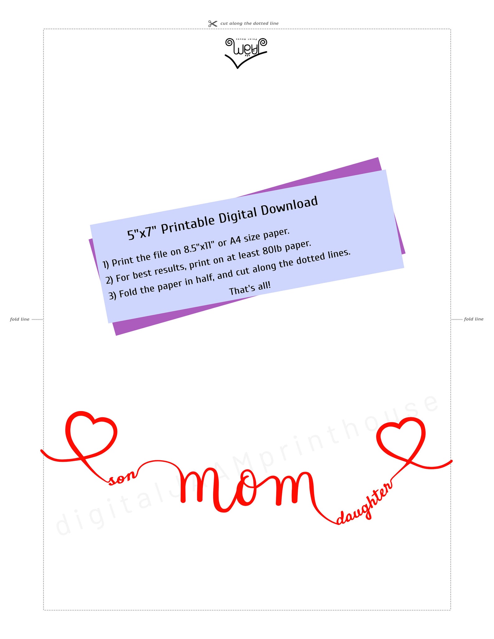 Printable Mother's Day Card / Mom Son Daughter / Mommy With Boy and Girl / Hearts /instant ...
