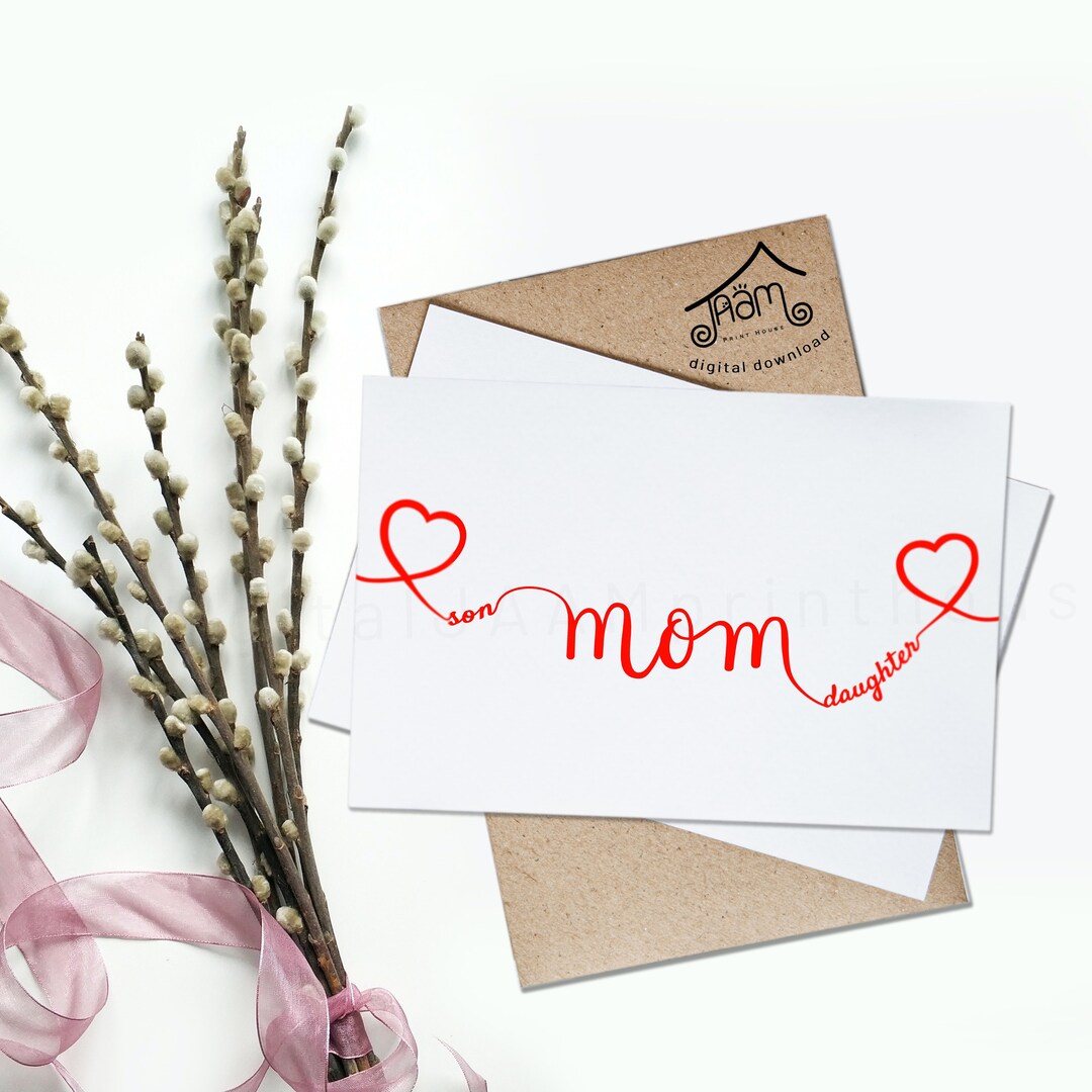 Printable Mother's Day Card / Mom Son Daughter / Mommy With Boy and Girl / Hearts /instant ...