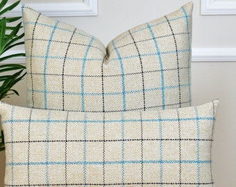 Blue Striped Beige Plaid Pillow Cover, Minimalist Bohemian Euro Sham