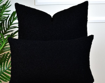 Black Boucle Throw Pillow Cover, Textured Woven Cushion