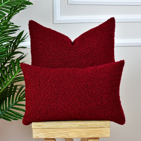 Red Textured Boucle Pillow Cover,Unique Soft Boucle Cushion,Cozy Boucle Lumbar Throw Pillow,Living Room,Bedroom,Christmas, Sofa Pillow Cover